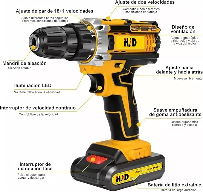 KIT Taladro Inalámbrico con 23 piezas y lleva de REGALO una caja de dados de 38 piezas