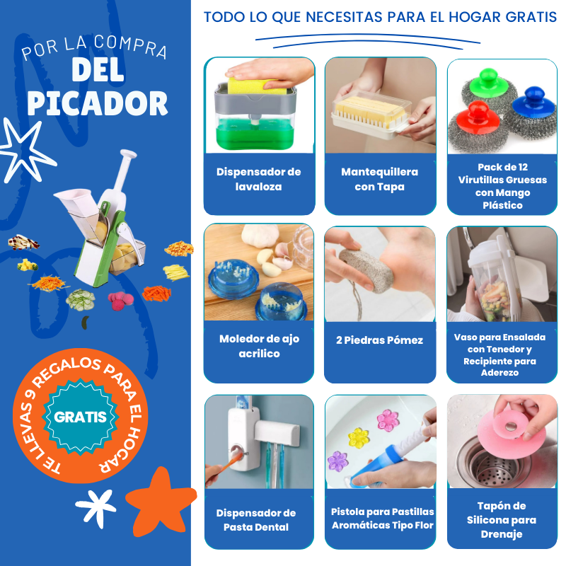 Picadora de Verdura Estilo Brava + Pack de 9 accesorios indispensables para el hogar y cocina