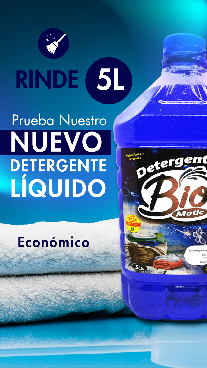 PACK AHORRO 20 LITROS DETERGENTE LIQUIDO BIO MATIC 5L, LLEVA 4 UNIDADES, CON DESPACHO GRATIS!!