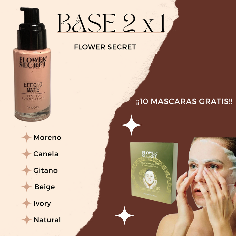 Pack de 2 Bases liquidas de maquillaje FLOWER SECRET (40 ml) MatteFix + 10 mascaras faciales con ácido hialurónico, de REGALO!!